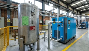Instalación de aire comprimido industrial con depósito certificado y placa CE visible en sala limpia.